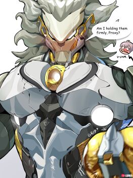 2boys absurdres artist_logo ball banyue_(zenless_zone_zero) bara blush claws commentary english_commentary english_text grey_hair highres holding holding_ball logo looking_at_viewer male_focus may0nnaixe multiple_boys orb robot_boy speech_bubble white_background wise_(zenless_zone_zero) zenless_zone_zero