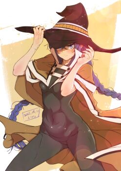 1girl adjusting_clothes adjusting_headwear blue_eyes blush braid breasts breasts_apart brown_cloak cloak closed_mouth cowboy_shot curvy fantasy groin hair_between_eyes hat highres hip_bones kiyo_(a_sam_ko) lips long_hair looking_at_viewer mushoku_tensei narrow_waist navel roxy_migurdia sidelocks skin_tight skinny small_breasts solo twin_braids