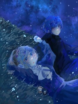 1boy 1girl aigis_(persona) aloeaori black_jacket blonde_hair bow bowtie commentary commission grass headset highres jacket looking_at_viewer lying night on_back on_ground persona persona_3 short_hair skirt yuuki_makoto_(persona_3)