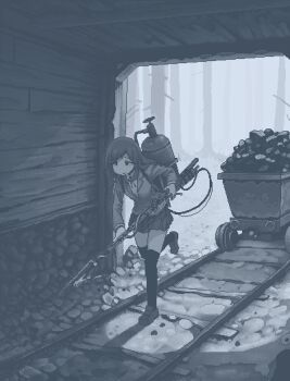 1girl :t blazer blue_theme coal flamethrower gas_cylinder hamsterfragment holding holding_flamethrower holding_weapon imminent_death imminent_suicide jacket medium_hair mine_(place) minecart mineshaft monochrome no_nose original over-kneehighs pout propane_tank railroad_tracks solo shinohata_sachie_(hamsterfragment) thighhighs weapon