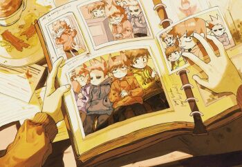 Rule 34 | 4boys, animification, bacon, blue hoodie, book, brown hair, edd (eddsworld), eddsworld, food, green hoodie, hair ears, highres, holding, holding mirror, hollow eyes, hood, hood down, hoodie, luobxd, male focus, matt (eddsworld), mirror, multiple boys, orange hair, out of frame, photo (object), photo album, plate, pov, purple hoodie, red hoodie, refrigerator, short hair, spiked hair, television, tom (eddsworld), tord (eddsworld)