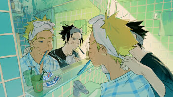 2boys anger_vein animal_ear_hairband animal_ears bathroom black_hair black_shirt blonde_hair blue_eyes brushing_hair cat_ear_hairband cat_ears collared_shirt cup facial_mark fake_animal_ears furrowed_brow guinea_no_akuma hairband half-closed_eye hand_on_another's_neck hashtag-only_commentary highres holding holding_cup male_focus multiple_boys naruto_(series) one_eye_closed parted_lips plaid_clothes plaid_shirt razor shirt short_hair splashing toothpaste towel towel_on_head uchiha_sasuke upper_body uzumaki_naruto whisker_markings