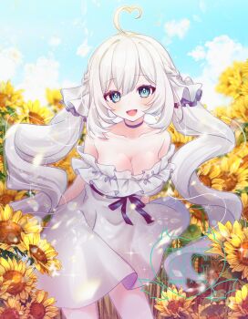 1girl absurdres ahoge aqua_eyes blue_sky breasts cleavage cloud commentary_request commission dress flower grey_hair heart heart_ahoge highres indie_virtual_youtuber jiu_(vtuber) large_breasts long_hair looking_at_viewer mr_ayarabbit off-shoulder_dress off_shoulder open_mouth skeb_commission sky solo sunflower sunlight twintails virtual_youtuber watermark white_dress yellow_flower