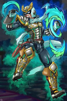 alternate_color alternate_costume angry armor artist_logo aura blue_gemstone boots captain_falcon chest_jewel clenched_hand clenched_teeth corruption crescent crossover dark_persona f-zero facial_tattoo fierce_deity gem gloves glowing gun hal_laboratory helmet highres holster logo looking_to_the_side nintendo pauldrons possessed possession scarf shoulder_armor stoic_seraphim super_smash_bros. tattoo teeth the_legend_of_zelda the_legend_of_zelda:_majora's_mask triangle weapon white_eyes wrist_guards