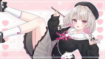 1girl :d animal_bag arm_up bag beret black_bow black_hat black_jacket black_shoes bow commentary_request commission copyright_request dress feet_out_of_frame grey_dress grey_hair hair_bow hair_ornament hat heart heart_hair_ornament hiiragi_kei holding jacket knees_together_feet_apart lace lace-trimmed_dress lace_trim long_sleeves looking_at_viewer multicolored_hair open_mouth pink_eyes pink_hair pleated_dress puffy_long_sleeves puffy_sleeves rabbit_hair_ornament sailor_collar sailor_dress shoes shoulder_bag skeb_commission sleeves_past_wrists smile socks solo streaked_hair two-tone_hair virtual_youtuber white_sailor_collar white_socks x_hair_ornament
