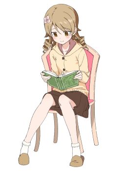 1girl absurdres bobby_socks book brown_eyes brown_hair brown_skirt brown_slippers buttons cardigan chair drill_hair flower hair_between_eyes hair_flower hair_ornament highres holding holding_book hood hood_down hooded_cardigan idolmaster idolmaster_cinderella_girls light_smile long_hair morikubo_nono nyum reading simple_background sitting skirt slippers socks solo white_background white_socks yellow_cardigan