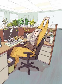 1girl absurdres cellphone chair closed_eyes commentary computer_keyboard dress english_commentary highres hijab indoors monitor office office_chair original phone plant potted_plant sitting smartphone solo stretching swivel_chair white_hijab winchestermegg yellow_dress
