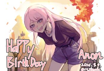 1girl arms_behind_back autumn_leaves bang_dream! bang_dream!_it&#039;s_mygo!!!!! belt black_belt black_shirt blue_shorts breasts chihaya_anon commentary earrings fang grey_eyes happy_birthday highres jewelry leaf long_hair looking_at_viewer medium_breasts necklace open_mouth pink_hair rushinada shirt shorts solo teeth