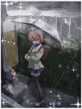 1girl abbabarri antenna_hair black_thighhighs blue_skirt brown_bag brown_eyes brown_hair brown_shoes bus_stop clannad full_body furukawa_nagisa hair_ornament hairclip hedge highres hikarizaka_private_high_school_uniform holding holding_umbrella jacket loafers long_sleeves looking_down pleated_skirt rain sailor_collar school_uniform shoes short_hair skirt solo sparkle standing thighhighs turtleneck umbrella white_sailor_collar yellow_jacket