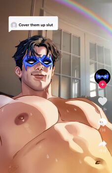 1boy bara batman_(series) black_hair cover_them_up_slut_(meme) dc_comics dialogue_box dick_grayson domino_mask eye_mask heart large_pectorals male_focus mask meme muscular muscular_male navel nightwing nipples pectoral_focus pectorals rainbow short_hair smile solo stephendraws sweat tiktok upper_body