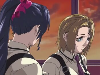 00s 1girl 2002 2girls animated bible_black bible_black_gaiden black_thighhighs blonde_hair blue_eyes blush bouncing_breasts bra bra_lift bra_pulled_up breasts classroom closed_eyes clothes_lift clothes_pull cloud cloudy_sky covering_breasts covering_privates crossed_arms desk drill_hair drill_ponytail female_focus forced grabbing_another's_breast groping groping_breast head_grab kiss kitami_reika kozono_nami large_breasts leg_grab legs multiple_girls necktie nipple_stimulation nipples open_clothes opening_another's_clothes pinching_nipple ponytail purple_hair red_skirt red_sky removing_bowtie removing_necktie resistance saliva saliva_trail school school_uniform shirt shirts short_hair sitting skirt sky sound squeezing_nipple sunset suspenders sweat tagme thighhighs underwear undressing unworn_bra video white_bra white_shirt window yuri