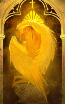 1boy 1girl arch arched_window black_ribbon blonde_hair border brown_hair closed_eyes closed_mouth commentary completely_nude conner_1017 couple cross cross_necklace degrees_of_lewdity english_commentary expressionless feathered_wings fine_art_parody full_body hair_between_eyes hair_over_one_eye hair_ribbon hand_on_another&#039;s_cheek hand_on_another&#039;s_face head_back head_tilt hetero highres jewelry kiss kissing_cheek kneeling latin_cross long_hair necklace nude ornate_border painterly parody pedestal player_character_(degrees_of_lewdity) player_character_(female)_(degrees_of_lewdity) ponytail ribbon ring short_ponytail sidelocks standing sydney_(degrees_of_lewdity) sydney_(male)_(degrees_of_lewdity) the_kiss turning_head white_ribbon white_wings window wing_hug wings