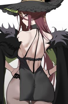 1girl absurdres ass back backboob backless_dress backless_outfit bare_shoulders black_dress black_hat black_pantyhose blue_eyes breasts closed_mouth darcia_(stella_sora) dress from_behind hair_between_eyes hair_ornament hairclip hands_on_own_hips hat highres long_hair looking_at_viewer narrowed_eyes pantyhose profile red_hair simple_background sketch solo stella_sora thigh_gap toma_(toma50) very_long_hair white_background wristband