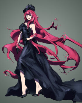 1girl :d alternate_hair_color bad_id bad_pixiv_id black_dress black_footwear black_gloves dress female_focus floating_hair full_body gloves grey_background half_gloves hibana_(hibana_ztlv) high_heels highres liquid_hair long_dress long_hair looking_at_viewer macross macross_delta mikumo_guynemer open_mouth pump pumps red_eyes red_hair simple_background sleeveless sleeveless_dress smile solo standing strapless strapless_dress very_long_hair