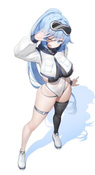 1girl black_thighhighs blue_eyes blue_hair breasts closed_mouth covered_navel crop_top cropped_jacket full_body goggles goggles_on_head highres jacket keibeam large_breasts leotard long_hair long_sleeves looking_at_viewer one_eye_closed ponytail shoes simple_background single_thighhigh skindentation smile solo standing tagme thigh_strap thighhighs thighs very_long_hair white_background white_footwear white_jacket