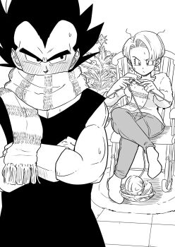 anniversary black_hair blush bulma chair christmas crossed_arms crossed_legs dragon_ball dragon_ball_gt dragonball_z earrings gloves highres jewelry looking_at_another scar series sitting standing sweatdrop vegeta