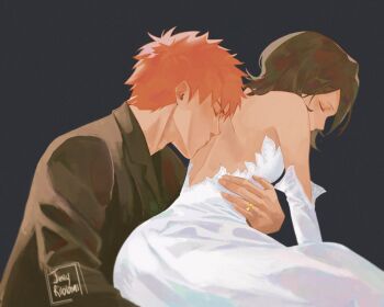 1boy 1girl artist_name black_hair bleach dress highres hug hug_from_behind jellyribbons jewelry kiss kuchiki_rukia kurosaki_ichigo messy_hair orange_hair petite ring signature wedding_dress wedding_ring white_dress