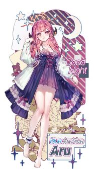 1girl alternate_costume ankle_garter aru_(blue_archive) blue_archive blush bow breasts character_name cleavage commentary copyright_name crescent demon_horns dress_bow english_text flower halo here_(hr_rz_ggg) highres horns jacket leaf long_hair looking_at_viewer nightgown open_clothes open_jacket pink_halo red_hair smile solo sparkle star_(symbol) stuffed_animal stuffed_toy teddy_bear twitter_username white_jacket