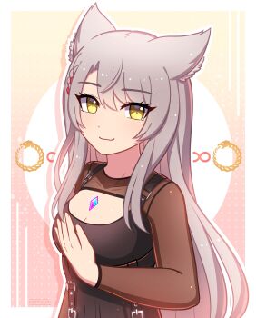 1girl absurdres animal_ears artist_name cat_ears chest_jewel closed_mouth commentary commission core_crystal_(xenoblade) english_commentary enni grey_hair hand_on_own_chest highres long_hair long_sleeves mio_(xenoblade) official_alternate_hair_length official_alternate_hairstyle smile solo very_long_hair xenoblade_chronicles_(series) xenoblade_chronicles_3 yellow_eyes