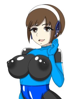 1girl arms_up ass black_bodysuit blue_gloves bodysuit breasts brown_eyes brown_hair bulge clenched_hand covered_erect_nipples dress elbow_gloves erection erection_under_clothes female_focus gloves godzilla:_city_on_the_edge_of_battle godzilla:_planet_of_the_monsters godzilla:_the_planet_eater godzilla_(series) happy headband large_breasts latex latex_bodysuit latex_gloves latex_suit long_glove looking_at_viewer nipples open_mouth polygon_pictures ribbon shiny_clothes short_hair simple_background skin_tight skin_tight_clothing solo solo_focus source_request tani_yuko third-party_edit toho tongue white_background