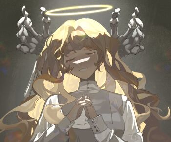 1girl 1other blonde_hair closed_eyes curtained_hair double-parted_bangs glowing glowing_hair grin hair_over_shoulder halo head_tilt highres long_hair ma_someru original out_of_frame outstretched_arms own_hands_clasped own_hands_together reaching reaching_towards_another skeleton_hands smile turtleneck upper_body very_long_hair wavy_hair