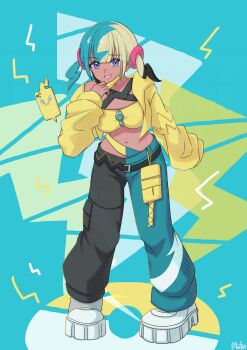 1girl aqua_hair bandeau belt black_belt black_mask black_pants blonde_hair blue_eyes blue_pants breasts canari_(pokemon) criss-cross_straps dark-skinned_female dark_skin gen_4_pokemon highres jacket lightning_bolt_symbol long_sleeves looking_at_viewer mask mask_pull mega_stone mochitaro_(mothitaroo) mouth_mask multicolored_hair navel nintendo open_mouth pants pokemon pokemon_(creature) pokemon_legends:_z-a rotom rotom_phone short_twintails smile split-color_hair sports_bra twintails two-tone_hair two-tone_mask two-tone_pants yellow_bandeau yellow_jacket yellow_mask yellow_sports_bra