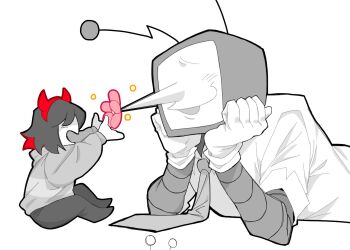 1boy 1other ant_tenna antennae blush chekrow clothed_robot commentary crt deltarune english_commentary fake_horns flower gloves greyscale hairband hands_on_own_head horn_hairband horns humanoid_robot kris_(deltarune) long_nose lying monochrome necktie object_head on_stomach pants pointy_nose red_horns robot shirt short_hair sitting smile spot_color sweater utdr_(toby_fox)