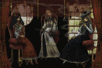 3girls armchair black_background black_bow black_dress black_hair black_hat black_ribbon black_shoes blonde_hair bottle bow braid chair china_dress chinese_clothes closed_eyes closed_mouth commentary_request cross cross-laced_clothes cross-laced_dress curtains dolls_in_pseudo_paradise dress erhu faux_traditional_media frilled_dress frills hair_bow hat hat_feather holding holding_cross holding_smoking_pipe jacket_girl_(dipp) juliet_sleeves label_girl_(dipp) lantern long_hair long_sleeves multiple_girls nazo_(mystery) puffy_sleeves red_bow red_hat red_skirt ribbon satsuki_rin shelf shirt shoes single_braid sitting skirt smoke smoke_trail smoking_pipe socks stage_curtains star_(symbol) tiptoes touhou white_bow white_dress white_shirt white_socks wide_sleeves window window_blinds