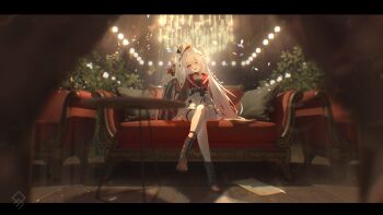 Rule 34 | 1girl, ;), absurdres, black boots, boots, capelet, chandelier, commentary request, couch, crossed legs, dress, gun, hat, highres, holding, holding gun, holding weapon, honkai: star rail, honkai (series), indoors, letter, long hair, mini hat, mini top hat, on couch, one eye closed, purple eyes, qurami, red capelet, smile, solo, sparkle (honkai: star rail), sparxie (honkai: star rail), top hat, twintails, very long hair, weapon, white dress, white hair