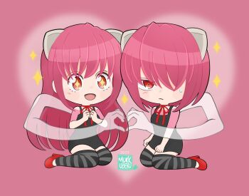 2girls black_dress chibi commentary dress dual_persona elfen_lied hair_over_one_eye heart heart_hands heart_hands_duo high_heels highres horns long_hair lucy_(elfen_lied) mukkuberu multiple_girls nyuu open_mouth pink_background pink_hair pink_shirt red_eyes red_ribbon red_shoes ribbon shirt shoes sparkle sparkling_eyes striped_leggings thighhighs vectors zettai_ryouiki