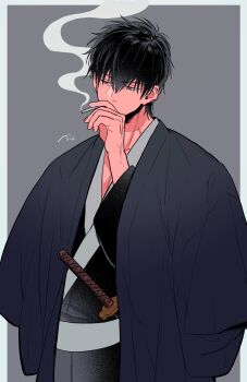 1boy absurdres arm_up black_hair border cigarette gintama grey_background highres hijikata_toushirou holding holding_cigarette japanese_clothes katana kimono long_sleeves male_focus outside_border short_hair smoke smoke_trail smoking solo sword usson0002 weapon white_border yukata