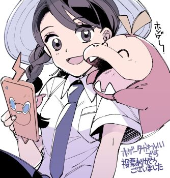 1girl 96noo blueberry_academy_school_uniform braid breast_pocket brown_eyes brown_hair collared_shirt creature creature_on_shoulder eyelashes fuecoco gen_4_pokemon hat holding holding_phone juliana_(pokemon) long_hair looking_at_viewer necktie nintendo on_shoulder open_mouth phone pocket pokemon pokemon_(creature) pokemon_sv purple_necktie purple_shorts rotom rotom_phone school_uniform shirt short_sleeves shorts smile translation_request upper_body uva_academy_school_uniform white_background white_shirt