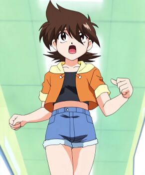 00s 1girl anime_screenshot ball bare_legs beyblade beyblade_g_revolution big_hair black_shirt breasts brown_eyes brown_hair denim denim_shorts from_below hair_between_eyes highres jacket looking_ahead medium_hair non-web_source open_clothes open_jacket open_mouth ryona shirt shorts skirt small_breasts solo tachibana_hiromi tank_top white_skirt