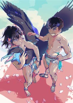 2boys barefoot bird black_hair cloud cloudy_sky dark_skin fish jnnkleeche_(artist) loincloth male_focus multiple_boys original sandals sky smile toned toned_male topless_male