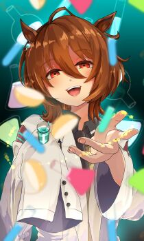 1girl agnes_tachyon_(umamusume) ahoge animal_ears black_necktie black_shirt brown_hair collared_shirt ear_ornament ear_tag earrings hair_between_eyes highres holding holding_test_tube horse_ears horse_girl huge_ahoge jewelry long_sleeves looking_at_another necktie open_mouth pen red_eyes shirt short_hair single_earring sleeves_past_fingers sleeves_past_wrists solo test_tube umamusume waopaka