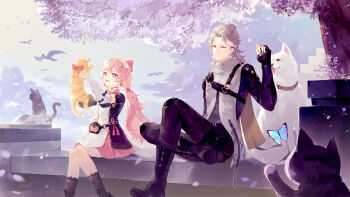 1boy 1girl aalto_(wuthering_waves) black_gloves bow cat dress encore_(wuthering_waves) gloves grey_hair hair_between_eyes hair_bow hair_ornament hair_vines highres holding karin_(2290463757) long_hair looking_at_viewer low_twintails one_eye_closed open_mouth pink_hair purple_eyes smile tacet_mark_(wuthering_waves) twintails white_dress white_hair wuthering_waves