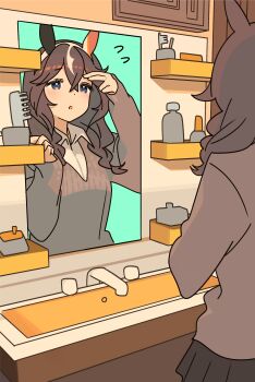 1girl alternate_costume animal_ears ashinowoto blush breasts casual comb curren_bouquetd&#039;or_(umamusume) hair_between_eyes hair_ornament hairband highres horse_ears horse_girl long_hair looking_at_self mirror open_mouth small_breasts solo umamusume