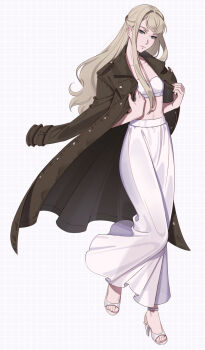 1girl bandeau blue_eyes brown_coat brown_hair closed_mouth coat coat_on_shoulders enelous feet full_body gigi_andalusia grid_background gundam gundam:_hathaway's_flash high_heel_sandals high_heels highres light_smile long_hair long_skirt long_sleeves open_clothes open_coat sandals skirt solo standing standing_on_one_leg toes white_bandeau white_sandals white_skirt