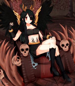 1girl absurdres artist_name black_gloves black_hair black_jacket black_skirt black_socks black_wings boots bracelet commentary commission crossed_legs english_commentary eyepatch female_focus fingerless_gloves from_side full_body gloves high_heel_boots high_heels highres horns huge_filesize indoors jacket jewelry kneehighs long_hair midriff nail_polish navel open_clothes open_jacket original red_eyes sarashi sidelocks sitting skirt skull smile socks solo spikes takai_seika tattoo throne wings