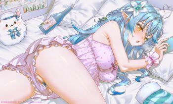 1girl ahoge anversailles babydoll bed_sheet blue_hair blue_pubic_hair blush bottle braid breasts camisole cellphone colored_pubic_hair colored_tips commentary commission crossed_bangs double-parted_bangs elf female_masturbation female_pubic_hair fingernails flower frilled_camisole frilled_panties frilled_shorts frilled_wrist_cuffs frills hair_between_eyes hair_flower hair_ornament half_up_braid hand_in_own_panties head_on_pillow heart heart_ahoge heavy_breathing highres holding holding_phone hololive jacket large_breasts long_hair looking_at_phone lying masturbation masturbation_under_clothes multicolored_hair official_alternate_costume on_bed on_side open_mouth panties phone pillow pink_babydoll pink_shorts pointy_ears polka_dot polka_dot_babydoll polka_dot_camisole polka_dot_shorts polka_dot_skirt pubic_hair pubic_hair_peek pussy pussy_peek sake_bottle shorts skirt sleepwear smartphone snowflake_hair_ornament solo streaked_hair sweatdrop symbol-only_commentary thighs underwear unworn_jacket very_long_hair virtual_youtuber white_camisole white_panties white_skirt wrist_cuffs yellow_eyes yukihana_lamy yukihana_lamy_(roomwear) yukimin_(yukihana_lamy)