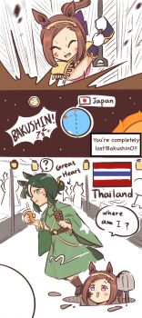 Rule 34 | 1girl, 2girls, animal ears, brown hair, bubble tea, digging, dirty, dirty face, dress, earth (planet), epaulettes, gloves, green dress, green eyes, green hair, hairband, highres, holding, holding shovel, horse ears, horse girl, long hair, moon, multiple girls, one of agnes digital, open mouth, planet, ponytail, sakura bakushin o (blossom in learning) (umamusume), sakura bakushin o (umamusume), shovel, smile, sun, thailand, umamusume