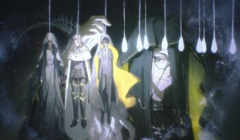 Rule 34 | 1girl, 3boys, armor, black armor, black cloak, black dress, black hair, black pants, black shoes, black suit, black veil, boots, cape, chinese commentary, cloak, closed eyes, cocoon, commentary request, covered face, crown, curtained hair, dress, evernight goddess, extra arms, facial hair, fog, formal clothes, full body, giant, giant male, grin, hair over one eye, hanging, highres, hood, hooded cloak, klein moretti, long hair, long sleeves, lord of the mysteries, monocle, multiple boys, mustache, pants, roselle gustav, shirt, shoes, smile, spoilers, standing, suit, tcuas, the celestial worthy of heaven and earth, two-sided cloak, two-sided fabric, veil, white cape, white shirt