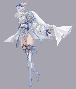Rule 34 | 1girl, alternate costume, artist name, blue bow, blue hair, blue ribbon, bow, bridal veil, character name, eula (genshin impact), full body, genshin impact, hairband, highleg, highleg leotard, highres, leotard, long sleeves, looking at viewer, medium hair, princess ailish, ribbon, see-through clothes, signature, solo, thighhighs, veil, white hairband, white thighhighs