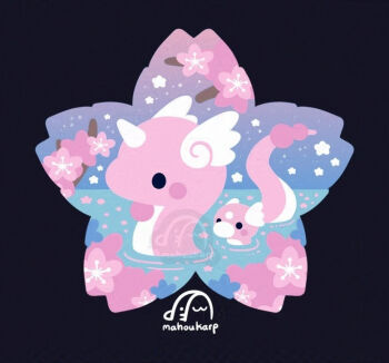 alternate_color cherry_blossoms chibi dragon dragonair dratini flower gen_1_pokemon head_wings horns mahoukarp nintendo no_humans partially_submerged petals pokemon pokemon_(creature) pokemon_focus shiny_pokemon single_horn swimming tail water wings