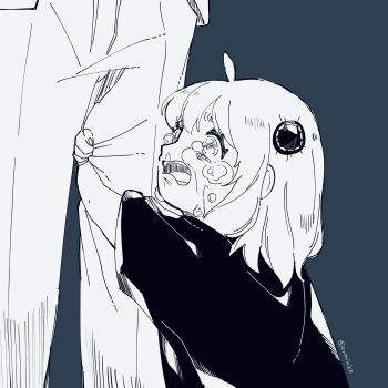 Rule 34 | 1boy, 1girl, absurdres, ahoge, anya (spy x family), awarinko, crying, crying with eyes open, dress, grey background, greyscale, highres, hugging another's leg, monochrome, open mouth, pants, short sleeves, simple background, spy x family, tears, twilight (spy x family), twitter username, wide sleeves