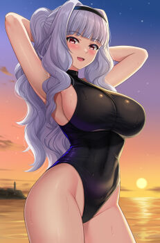 1girl armpits arms_behind_head arms_up bare_shoulders beach black_one-piece_swimsuit blush breasts covered_navel gradient_sky grey_hair hairband highleg highleg_one-piece_swimsuit highres idolmaster idolmaster_(classic) idolmaster_million_live! idolmaster_million_live!_theater_days large_breasts long_hair ocean one-piece_swimsuit open_mouth orange_sky ponytail purple_eyes purple_sky shibata_rai shijou_takane sideboob sidelocks sky smile solo sunset swimsuit thighs twilight
