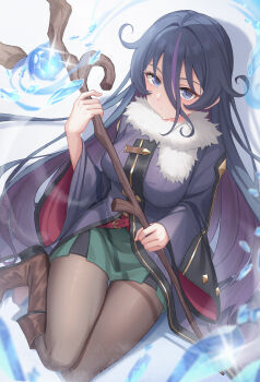 1girl absurdres black_eyes black_hair boots breasts brown_boots brown_pantyhose closed_mouth colored_inner_hair commission expressionless full_body fur_trim green_skirt highres holding holding_staff ice_crystal large_breasts long_bangs long_hair long_sleeves lucia_rogier multicolored_hair nageki_no_bourei_wa_intaishitai natsugou_shinogi pantyhose pixiv_commission purple_hair purple_robe purple_streaks robe sitting skirt solo staff streaked_hair very_long_hair wide_sleeves yokozuwari