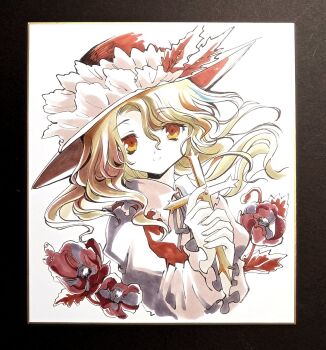 1girl black_border blonde_hair border brown_eyes brown_hat brown_vest collared_shirt commentary_request cross dolls_in_pseudo_paradise flower frilled_sleeves frills grey_ribbon hat highres holding holding_cross jacket_girl_(dipp) long_hair long_sleeves looking_at_viewer neck_ribbon red_flower ribbon shirt solo touhou traditional_media tsubameyado upper_body vest wavy_hair white_background white_shirt