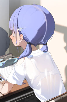 1girl absurdres blue_eyes blush bra bra_visible_through_clothes clothing_cutout commentary_request desk elbow_on_table eraser hair_ornament hayakawa_sena_(pei_iriya) highres indoors long_hair notebook original pei_iriya pencil_case purple_hair school_desk see-through_clothes see-through_shirt shirt sitting t-shirt twintails underwear white_bra white_shirt
