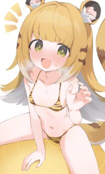 +_+ 1girl animal_ears animal_print ball bikini blonde_hair blush breasts colored_inner_hair commentary exercise_ball fang green_eyes halterneck highres hone_kawa ju_fufu loli long_hair looking_at_viewer multicolored_hair navel notice_lines open_mouth print_bikini simple_background sitting skin_fang small_breasts solo spread_legs swimsuit tail tiger_ears tiger_girl tiger_print tiger_tail two-tone_hair white_background white_hair zenless_zone_zero